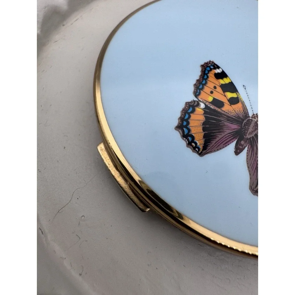 Vintage 1970's Stratton England Double Mirror Compact Butterfly Floral Baby Blue